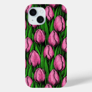 Roze tulpen met groene bladeren iPhone 15 case