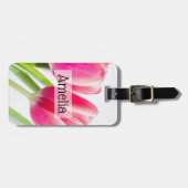 Roze tulpen met groene bladeren Foto Bagagelabel (Voorkant horizontaal)