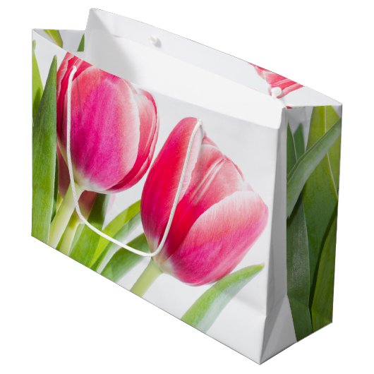 Roze tulpen met groene bladeren Foto Groot Cadeauzakje (Voorkant Gekanteld)