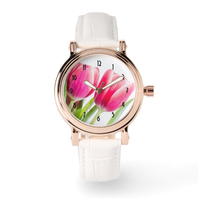 Roze tulpen met groene bladeren Foto Horloge (Voorkant)