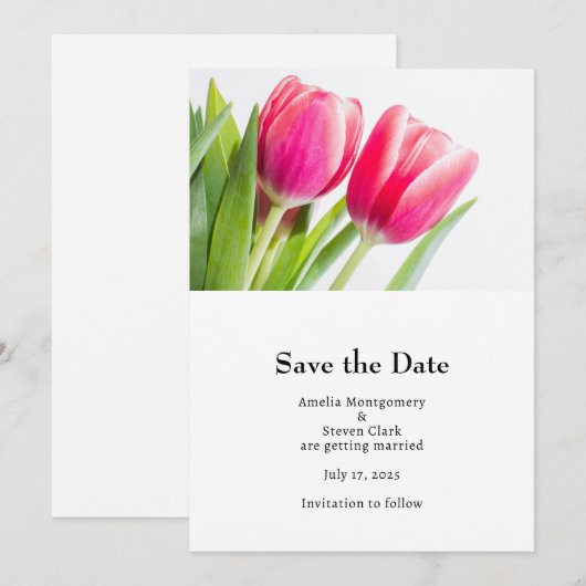 Roze Tulpen Met Groene Bladeren Foto Huwelijk Save The Date (Voorkant / Achterkant)