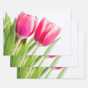Roze tulpen met groene bladeren Foto Inpakpapier Vel