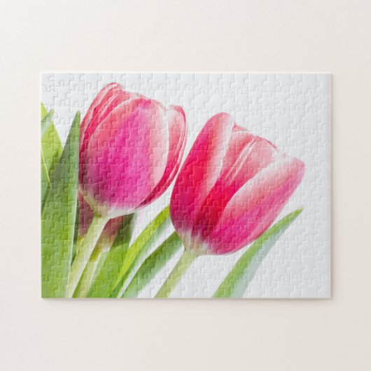 Roze tulpen met groene bladeren Foto Legpuzzel (Horizontaal)