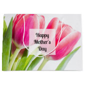 Roze tulpen met groene bladeren Foto Moederdag Groot Cadeauzakje (Voorkant)