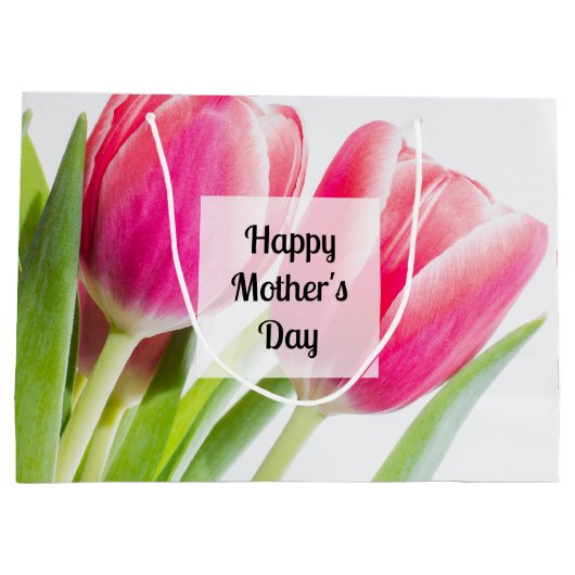 Roze tulpen met groene bladeren Foto Moederdag Groot Cadeauzakje (Achterkant)