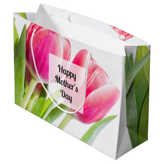 Roze tulpen met groene bladeren Foto Moederdag Groot Cadeauzakje (Achterkant Gekanteld)
