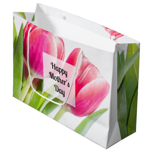Roze tulpen met groene bladeren Foto Moederdag Groot Cadeauzakje (Voorkant Gekanteld)