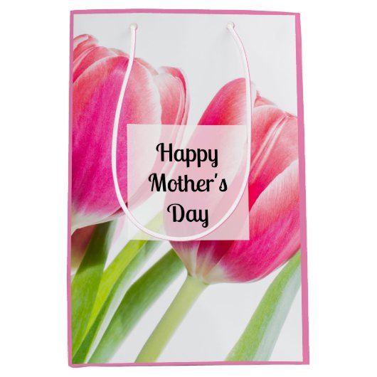 Roze tulpen met groene bladeren Foto Moederdag Medium Cadeauzakje (Voorkant)