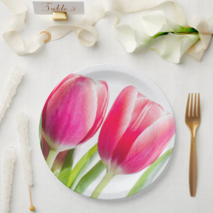 Roze tulpen met groene bladeren Foto Papieren Bordje