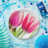 Roze tulpen met groene bladeren Foto Papieren Bordje (Feest)