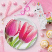 Roze tulpen met groene bladeren Foto Papieren Bordje (Feest)