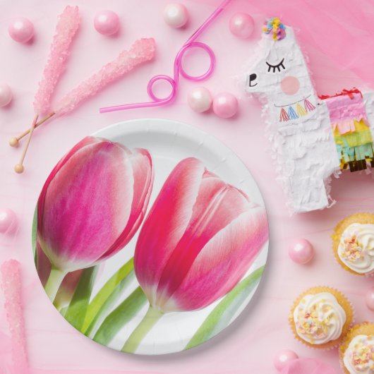 Roze tulpen met groene bladeren Foto Papieren Bordje (Feest)
