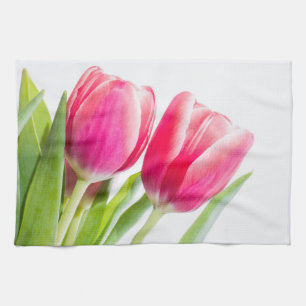 Roze tulpen met groene bladeren Foto Theedoek