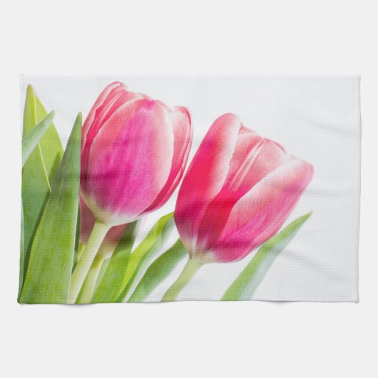 Roze tulpen met groene bladeren Foto Theedoek (Horizontaal)