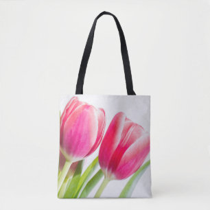 Roze tulpen met groene bladeren Foto Tote Bag