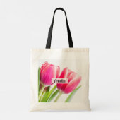 Roze tulpen met groene bladeren Foto Tote Bag (Achterkant)
