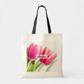 Roze tulpen met groene bladeren Foto Tote Bag (Voorkant)
