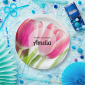 Roze Tulpen met Groene Bladeren Foto Verjaardag Papieren Bordje (Feest)