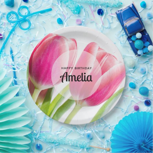 Roze Tulpen met Groene Bladeren Foto Verjaardag Papieren Bordje (Feest)