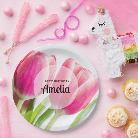 Roze Tulpen met Groene Bladeren Foto Verjaardag Papieren Bordje (Feest)