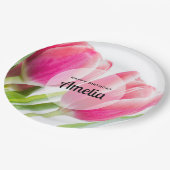 Roze Tulpen met Groene Bladeren Foto Verjaardag Papieren Bordje (Gekanteld)