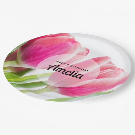 Roze Tulpen met Groene Bladeren Foto Verjaardag Papieren Bordje (Gekanteld)