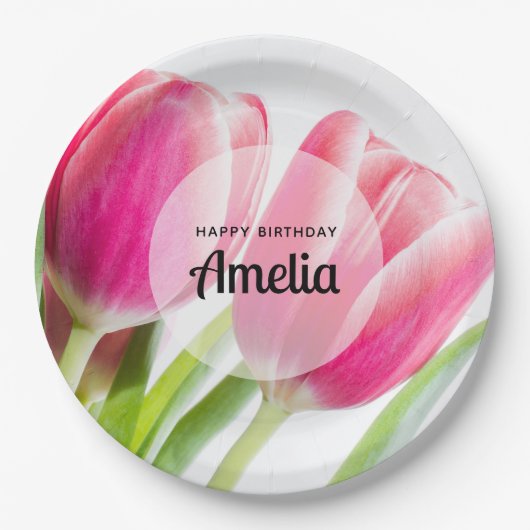 Roze Tulpen met Groene Bladeren Foto Verjaardag Papieren Bordje (Voorkant)