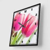 Roze tulpen met groene bladeren Foto Vierkante Klok (Hoek)