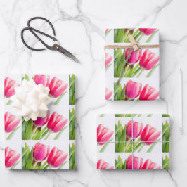 Roze Tulpen met Groene Bladeren Fotopatroon Inpakpapier Vel