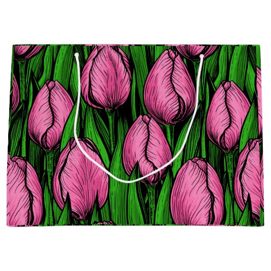 Roze tulpen met groene bladeren groot cadeauzakje (Voorkant)