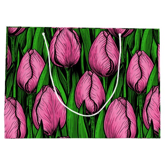 Roze tulpen met groene bladeren groot cadeauzakje (Achterkant)