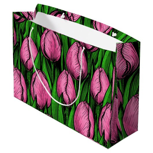 Roze tulpen met groene bladeren groot cadeauzakje (Achterkant Gekanteld)