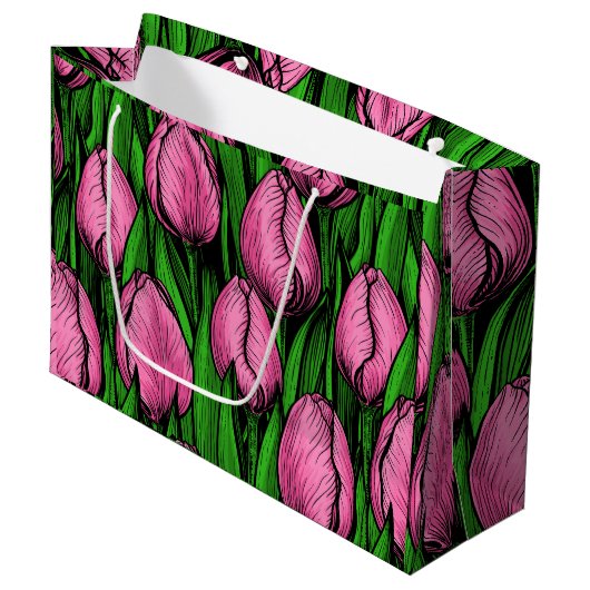 Roze tulpen met groene bladeren groot cadeauzakje (Voorkant Gekanteld)