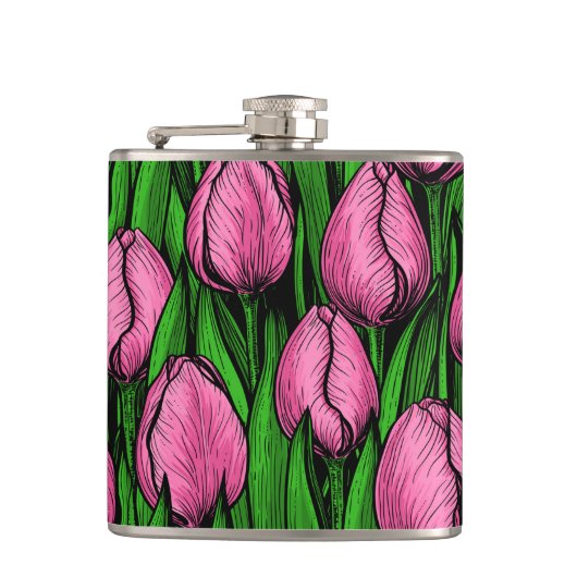Roze tulpen met groene bladeren heupfles (Voorkant)