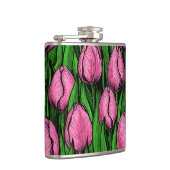 Roze tulpen met groene bladeren heupfles (Rechts)
