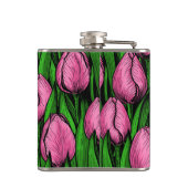 Roze tulpen met groene bladeren heupfles (Achterkant)