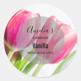 Roze Tulpen met Groene Bladeren - Kaarsenhandel Ronde Sticker