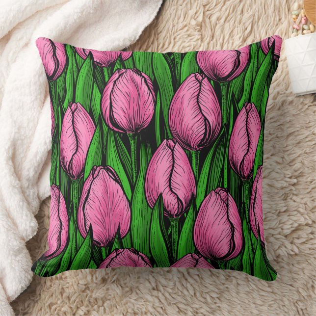 Roze tulpen met groene bladeren kussen (Deken)