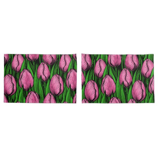 Roze tulpen met groene bladeren kussensloop (Achterkant-Set)