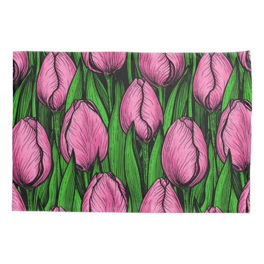 Roze tulpen met groene bladeren kussensloop (Achterkant-Links)