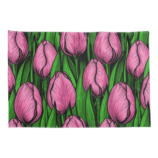 Roze tulpen met groene bladeren kussensloop (Achterkant-Rechts)