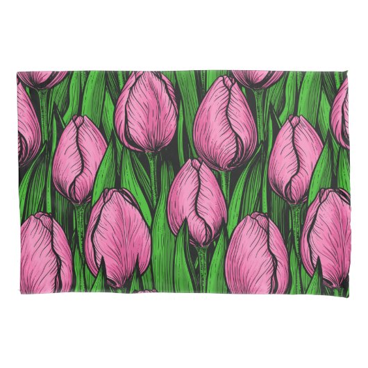 Roze tulpen met groene bladeren kussensloop (Voorkant-Links)