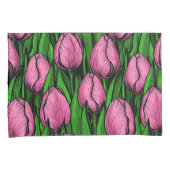 Roze tulpen met groene bladeren kussensloop (Voorkant-Rechts)