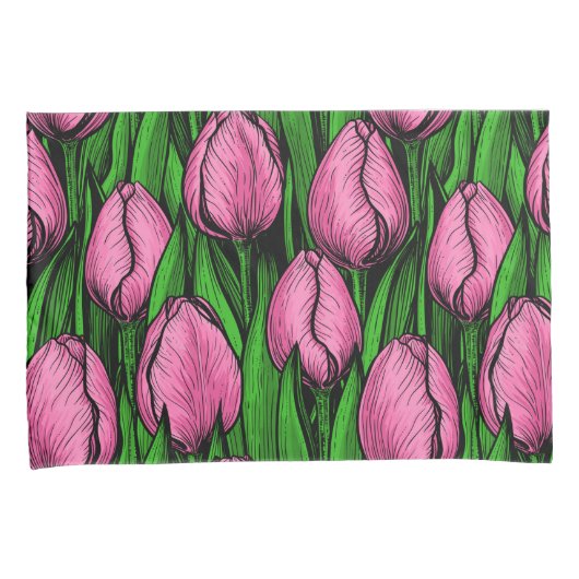 Roze tulpen met groene bladeren kussensloop (Voorkant-Rechts)