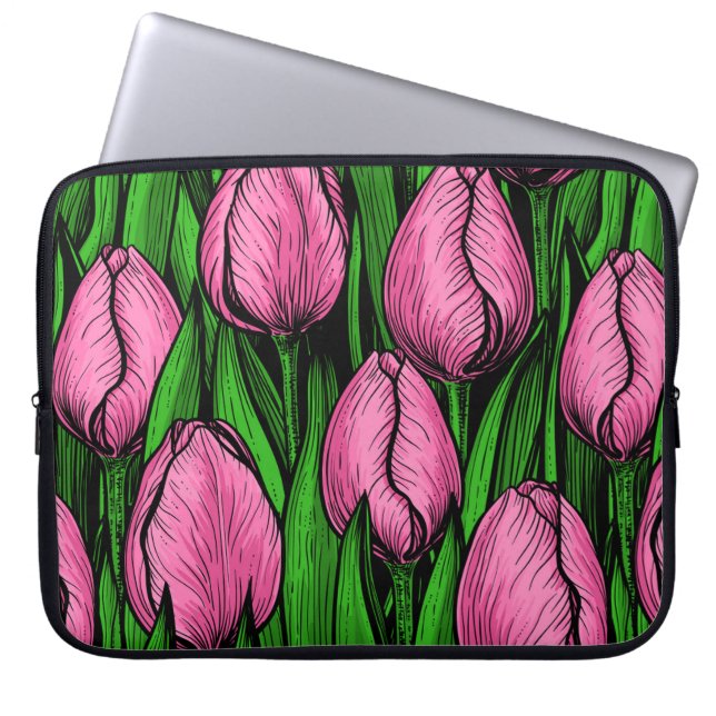 Roze tulpen met groene bladeren laptop sleeve (Voorkant)