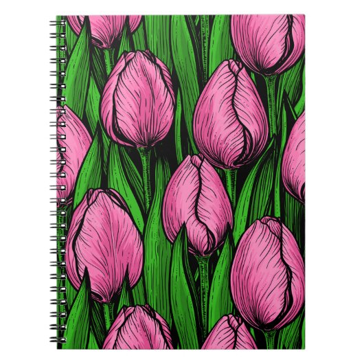 Roze tulpen met groene bladeren notitieboek (Voorkant)