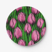 Roze tulpen met groene bladeren papieren bordje (Voorkant)