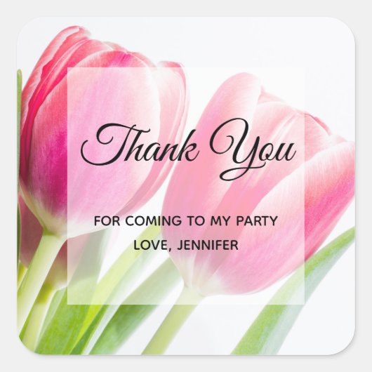 Roze Tulpen Met Groene Bladeren Party Dank U Vierkante Sticker (Voorkant)
