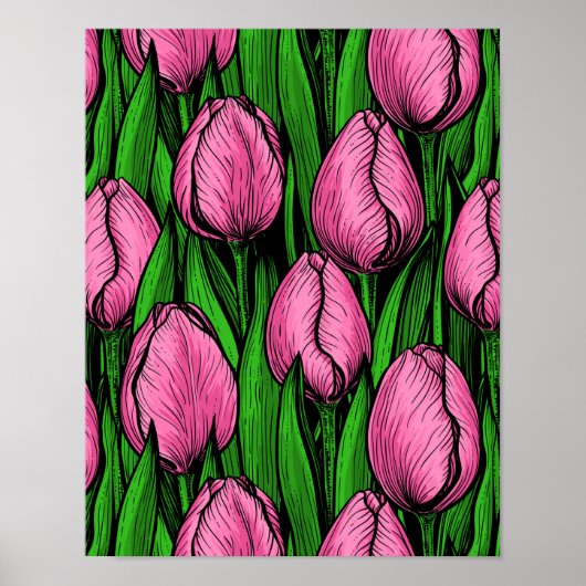 Roze tulpen met groene bladeren poster (Voorkant)