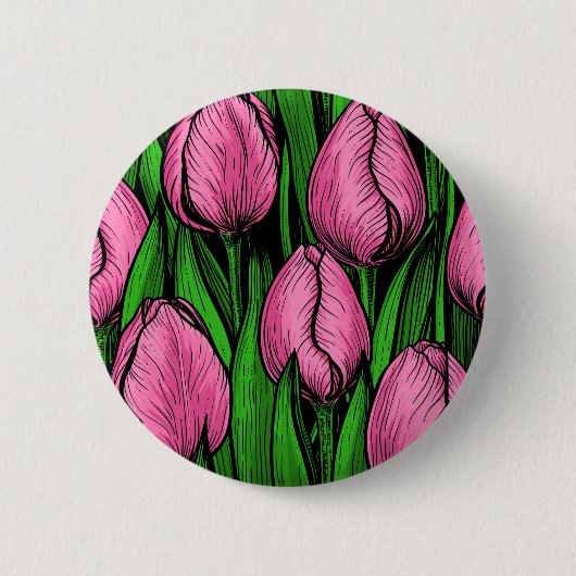 Roze tulpen met groene bladeren ronde button 5,7 cm (Voorkant)